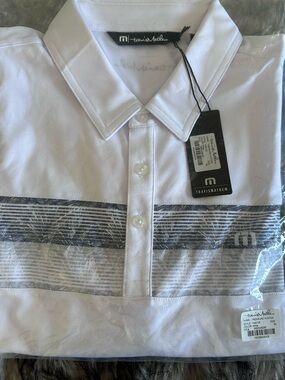 Travis Mathew “Treasure Hunter” White Polo with Gray Striped Palm Pattern